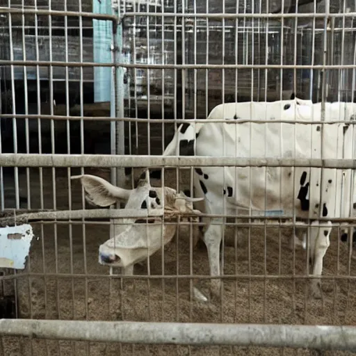 Image similar to dirty bottle of milk and a cow inside a cage, inside slaughterhouse