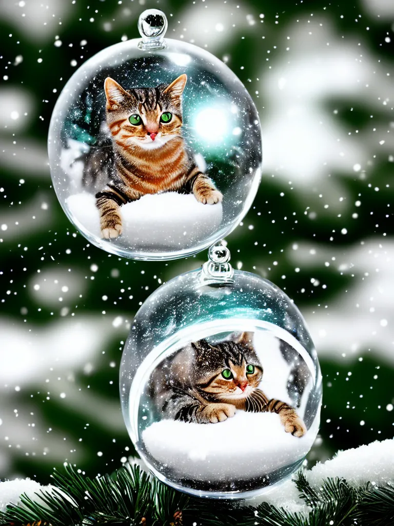 Prompt: high resolution 4k Cat in a snowglobe, falling snow, snowing, pine trees Galactic background