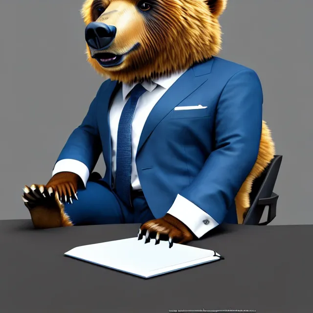 Prompt: epic professional digital art of a bear in a blue professional business suit, sitting at a desk,, best on artstation, cgsociety, wlop, Behance, pixiv, astonishing, impressive, outstanding, epic, cinematic, stunning, gorgeous, much detail, much wow,, masterpiece.