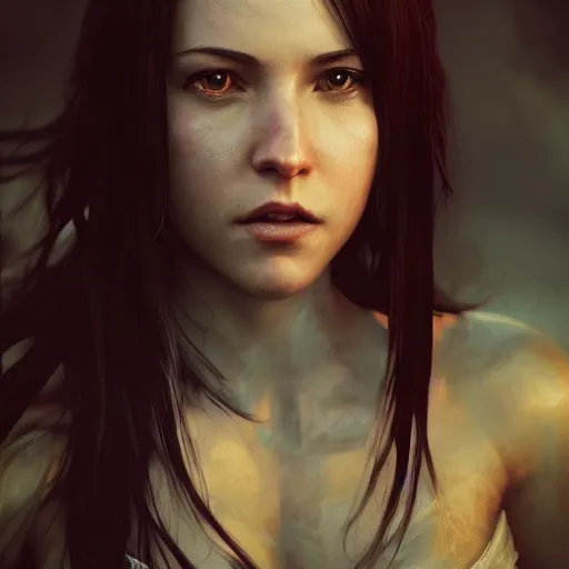 Image similar to Tifa Lockhart portrait, atmospheric lighting, painted, intricate, volumetric lighting, beautiful, golden hour, sharp focus, ultra detailed, by Leesha Hannigan, Ross Tran, Thierry Doizon, Kai Carpenter,Ignacio Fernández Ríos