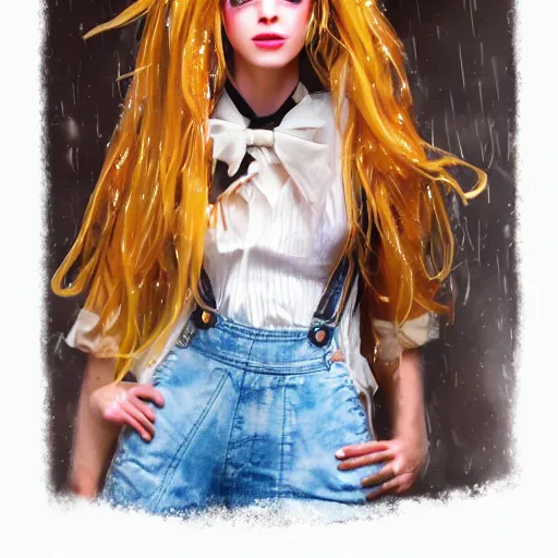 Prompt: realistic, full body portrait, attractive female mad hatter, soft eyes and narrow chin, dainty figure, long hair straight down, torn overalls, short shorts, combat boots, wet tshirt, raining, basic white background, side boob, symmetrical, single person, style of by Jordan Grimmer and greg rutkowski, crisp lines and color,