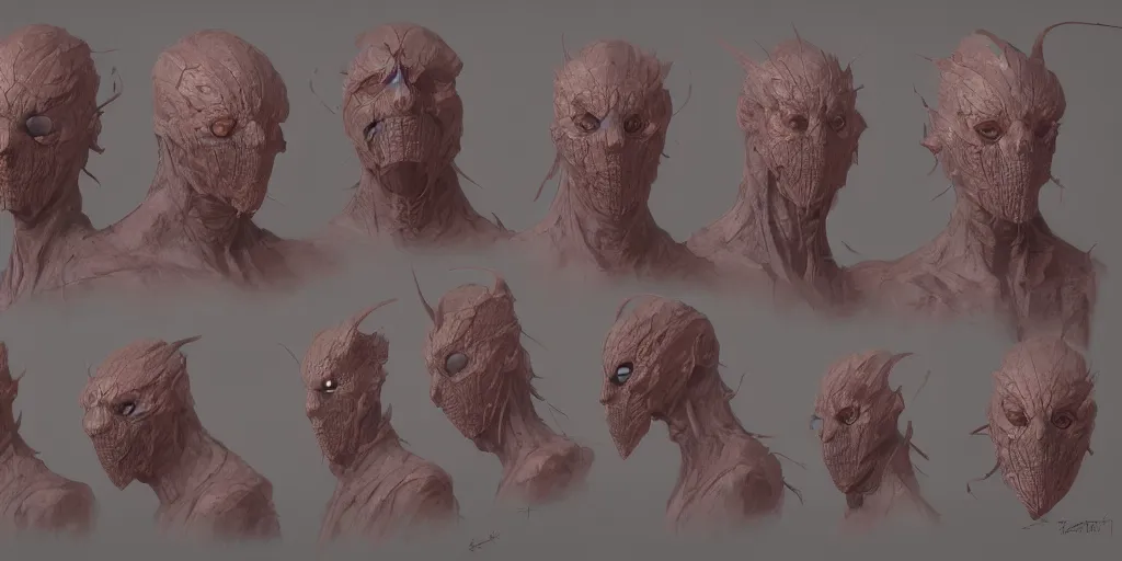 Image similar to mask design, character sheet, Moebius, Greg Rutkowski, Zabrocki, Karlkka, Jayison Devadas, Phuoc Quan, trending on Artstation, 8K, ultra wide angle, zenith view, pincushion lens effect.