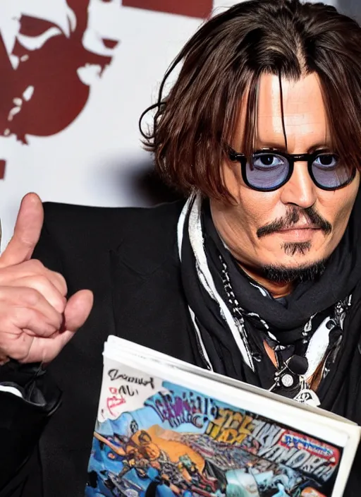 Image similar to johnny depp reading a comic book about a robot from