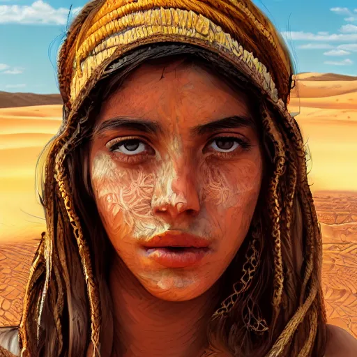 Image similar to a detailed portrait of a girl in the desert, art illustration, incredibly highly detailed and realistic, 8 k, sharp focus