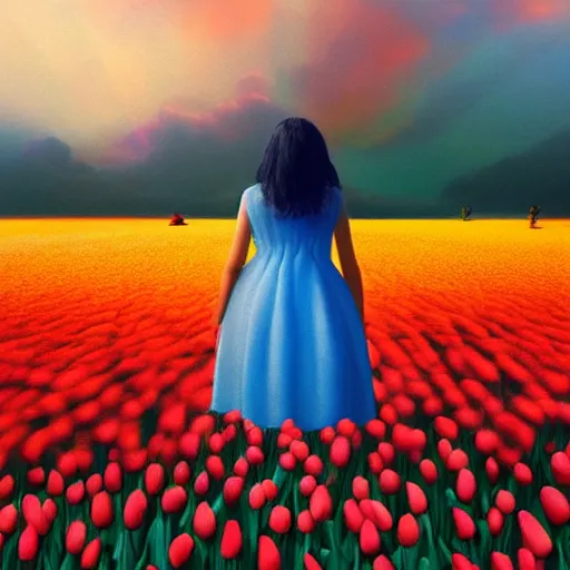 Image similar to girl with one single giant tulip as a head, surreal photography, flower field, sunset dramatic light, impressionist painting, colorful clouds, blue sky, digital painting, artstation, simon stalenhag