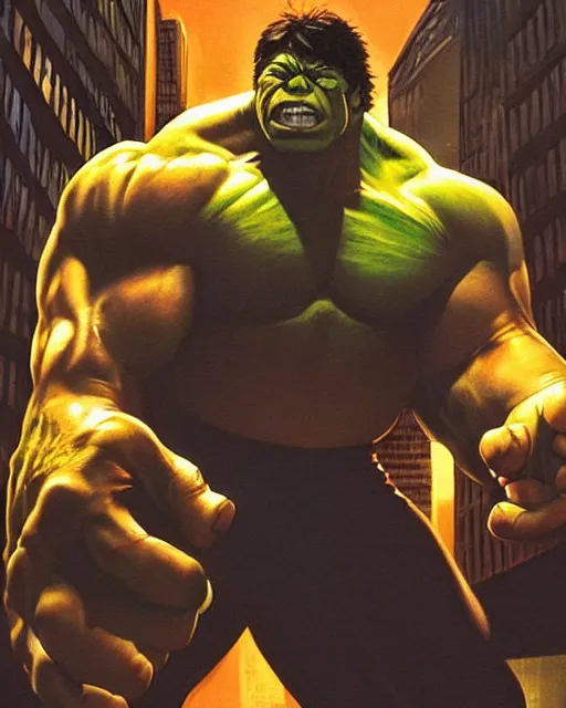 Image similar to a portrait of the incredible hulk looking angry in new york city by alex ross dramatic lighting.