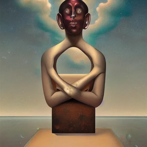 Prompt: Victor Brauner, minimalistic, hyperrealistic surrealism, award winning masterpiece with incredible details, epic stunning, infinity pool, a surreal vaporwave liminal space, highly detailed, trending on ArtStation, artgerm and greg rutkowski and alphonse mucha, daily deviation, IAMAG, broken giant marble head statue ruins, nightscape, milkyway