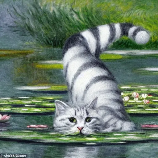 Prompt: a white and grey tabby cat, with a black and grey striped head and a white mouth, stretching on a lilypad floating on a lake, in the style of Water Lilies painting by Monet