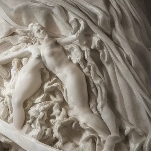 Image similar to “a delicate renaissance marble sculpture covered with water veil, highly detailed transparent marble cloth, gi, global illumination, physically based rendering, photorealistic, top light , dark background”