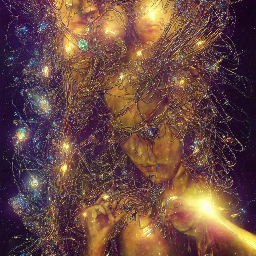 Prompt: extremely detailed cinematic movie still full body shot of 2 1 years old artist hyperreal skin face golden energy strings and neural networks art - nouveau style with sparkling crystals by denis villeneuve, wayne barlowe, simon birch, marc simonetti, philippe druillet, bright volumetric sunlight, rich moody colors, bokeh