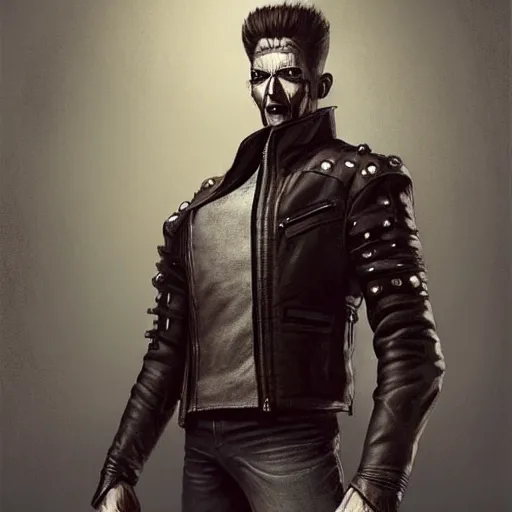 Prompt: a full body shot of pinhead, Long leather jacket. cinematic lighting, highly detailed, digital painting, concept art, smooth, sharp focus, illustration, art by Artgerm and Greg Rutkowski, Cgsociety