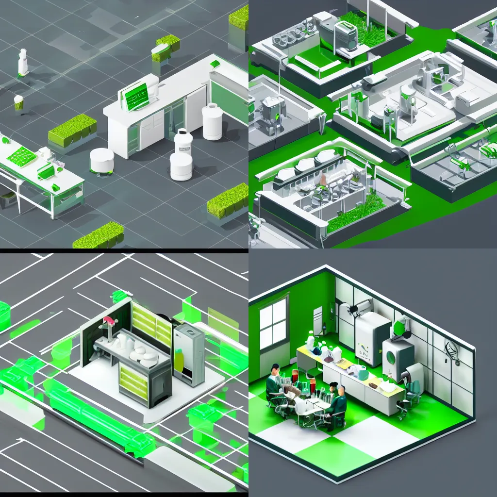 Prompt: isometric chemical laboratory, whites and greens, anime style, octane render