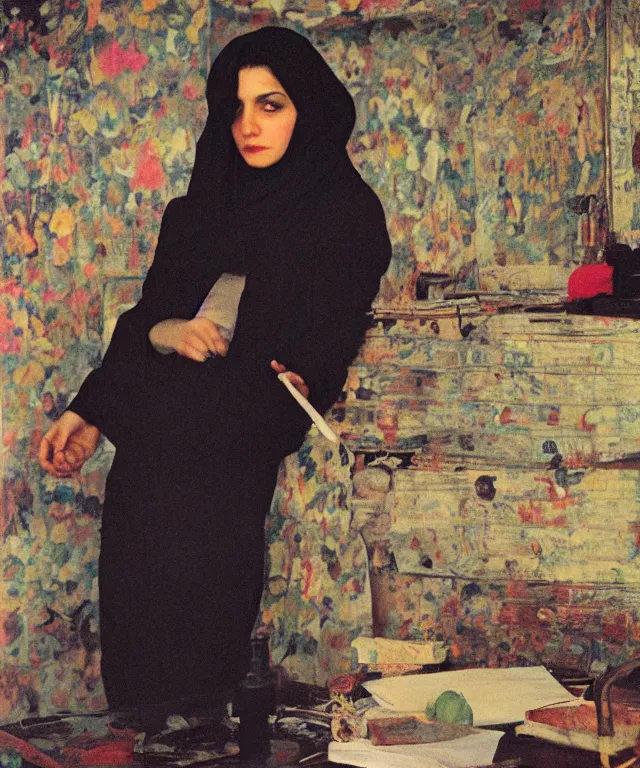 Prompt: a color photograph of persian young woman in her workplace, by nan goldin, out of place, intense, bold, exaggerated, over proportion, painted over by andrew wyeth, hyperrealistic, ultra sharp, extra details, ultra high quality,