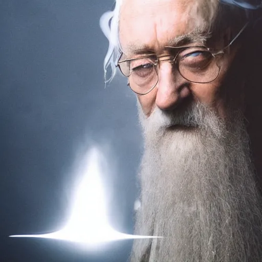 Image similar to a stoned dumbledore exhaling a huge smoke cloud, professional photography, featured on artstation