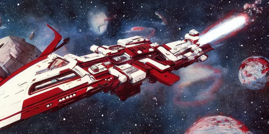 Prompt: Extraordinary white and red spaceship navigating within galaxies, in the style of Chris Foss