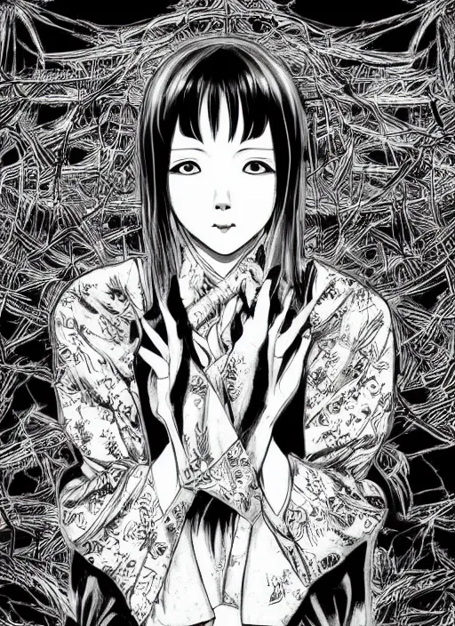 Prompt: digital _ painting _ of _ japanese horror manga horror black and white _ by _ filipe _ pagliuso _ and _ justin _ gerard _ symmetric _ fantasy _ highly _ detailed _ realistic _ intricate _ port