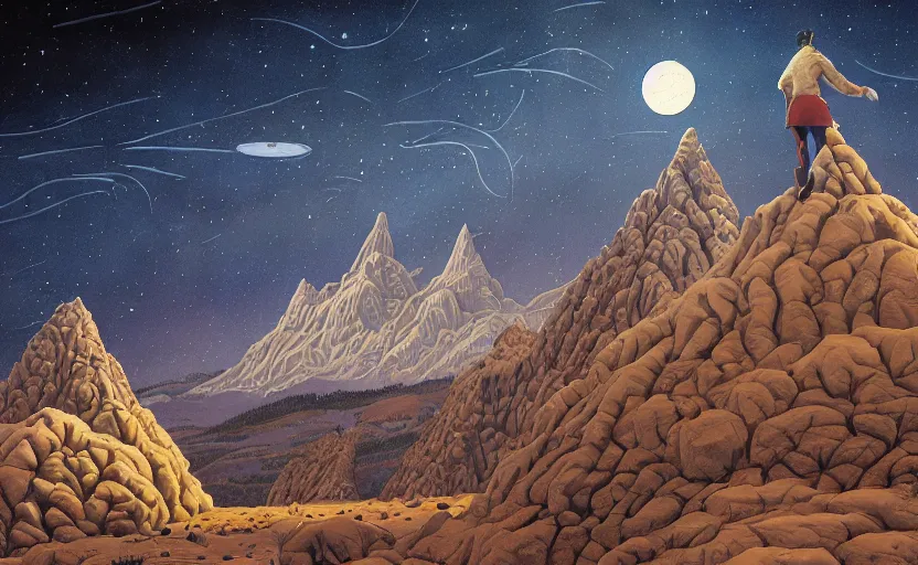 Image similar to mountains, stars and paisley filled sky, artstation, intricate, highly detailed, digital painting, concept art, sharp focus, illustration by Michael Whelan and Yves Tanguy