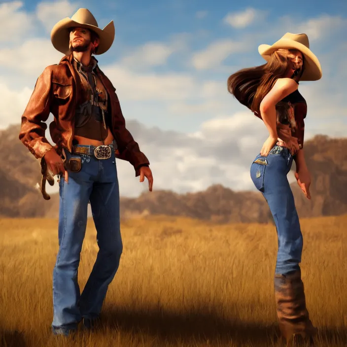 Image similar to a pin up cowboy model posing, high resolution, artstation, hdr, sharp focus