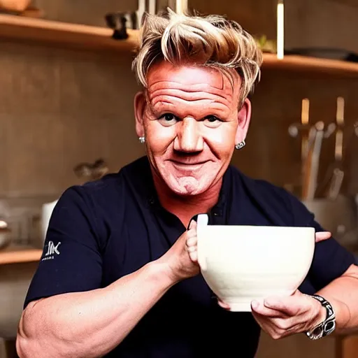 Prompt: gordon ramsay smiling ear to ear after making a dog dish