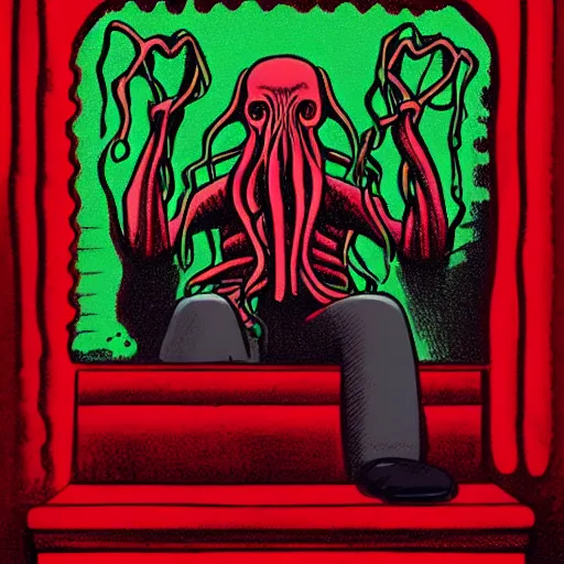 Image similar to Cthulhu lost inside the red room from Twin Peaks while David Lynch laughs in the background, mike judge art style, 90s mtv illustration W- 1920