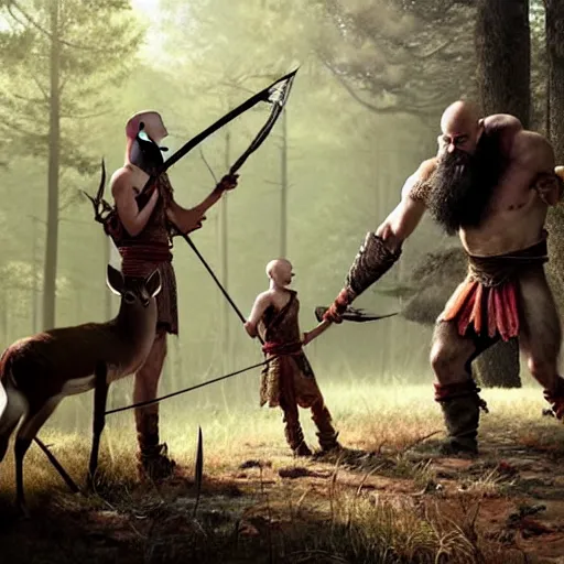 Image similar to kratos teaching atreus how to hunt deer with a bow in a forest, stunning 3 d render inspired art by greg rutkowski and xiang duan and thomas eakes, perfect facial symmetry, flesh texture, realistic, highly detailed attributes and atmosphere, dim volumetric cinematic lighting, 8 k octane detailed render, post - processing, masterpiece, rtx on, rendering on unreal engine