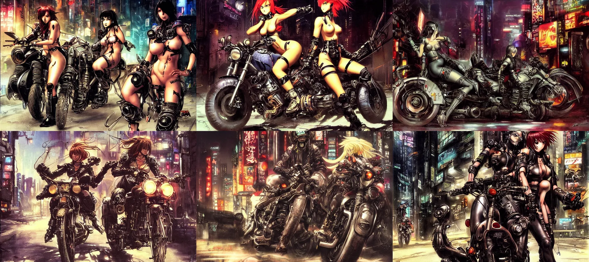 Prompt: 2 attractive cyberpunk females on motorcycles in a gritty futuristic anime city at night, art by Simon Bisley Frank Frazetta Martin Emond