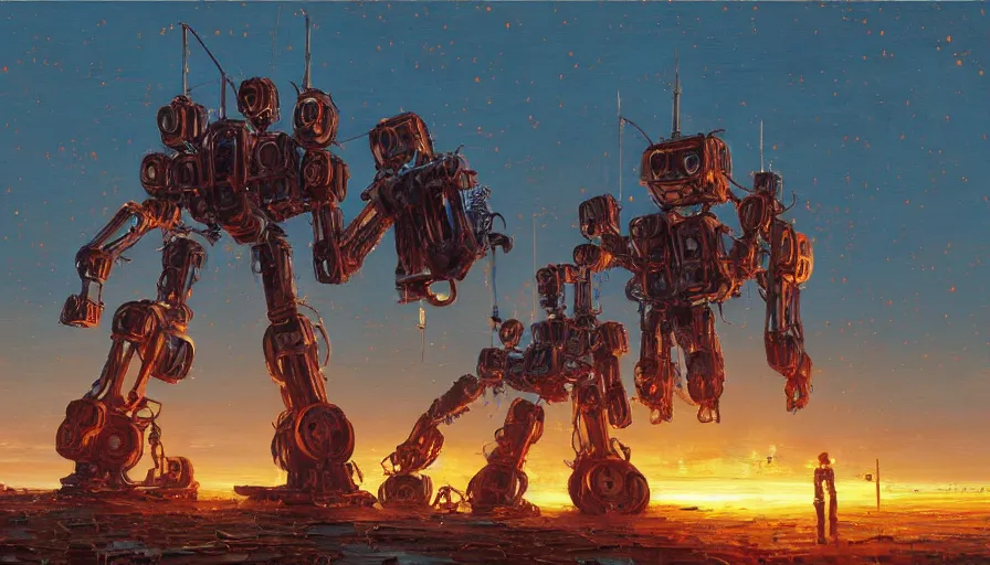 Image similar to an intricate oil painting of a giant scrap metal anime mecha with by simon stalenhag, golden hour