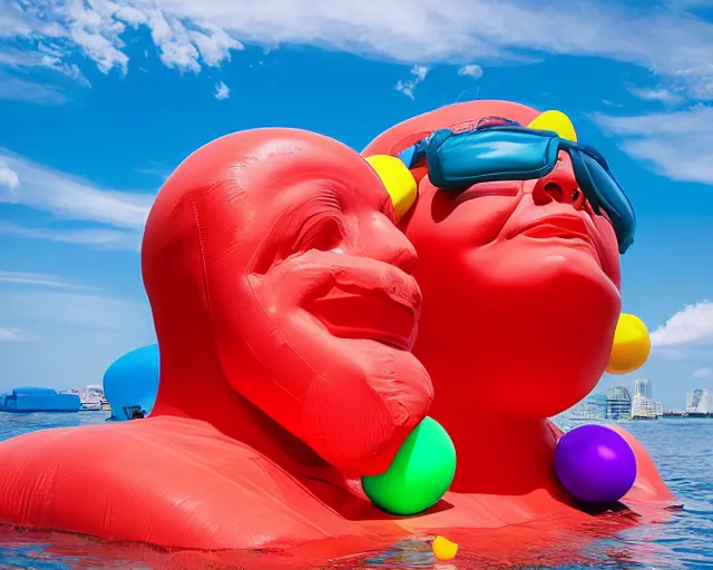 Image similar to a giant sculpture made out of of inflatable pool toys in a human head shape, on the surface of the ocean, in the style of chad knight, long shot, hyper detailed, hyper realistic, ray tracing, 8 k resolution, sharp focus, realistic water, award winning sculpture