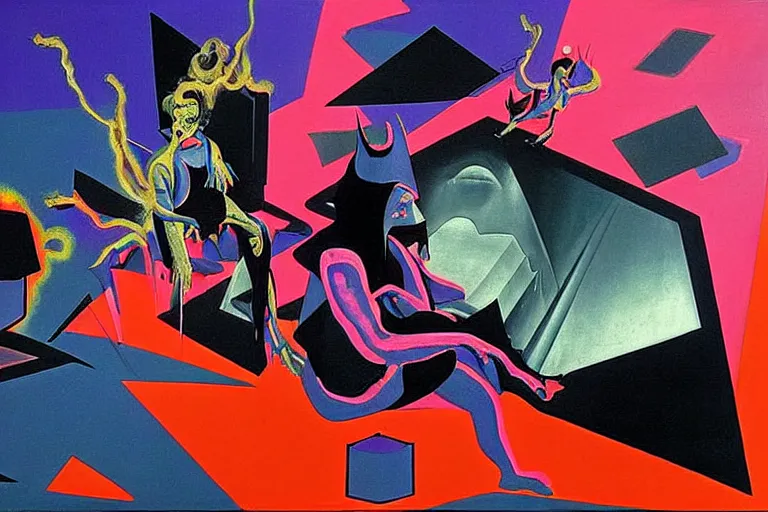 Image similar to a beautiful masterpiece painting of the technomancer wizard in dazzle camouflage robes with pointed hoods and his ai djinn performing psychic television on a crt tv by remedios varo and anato finnstark and greg rutkowski and andy warhol and francis picabia, dayglo pink, dayglo blue, dazzle camouflage, glowing, pearlescent white, raven black