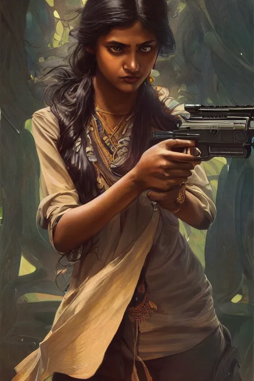 Image similar to sri lankan girl with a gun, angery emotion, intricate, elegant, highly detailed, digital painting, artstation, concept art, smooth, sharp focus, illustration, art by artgerm and greg rutkowski and alphonse mucha