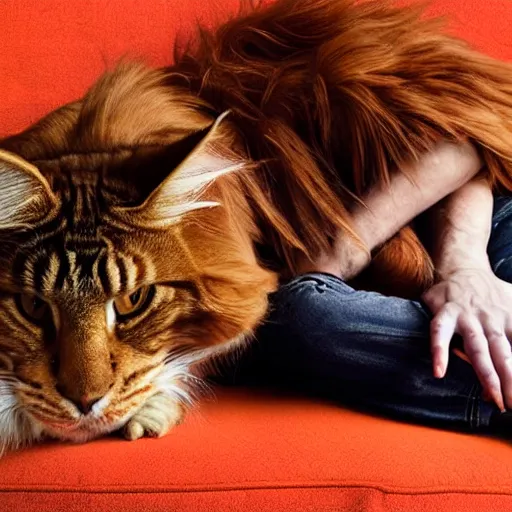 Image similar to ”huge orange maine coon cat biting the nose of a red bearded viking resting on a couch, [cinematic, photorealistic, dslr, portrait, photography, annie leibowitz]”