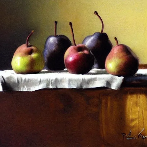 Prompt: table with black colored pears, #black pear fruit, ?black pears, !black pears, •black pears painted by rossdraws, greg rutkowski, thomas kindkade