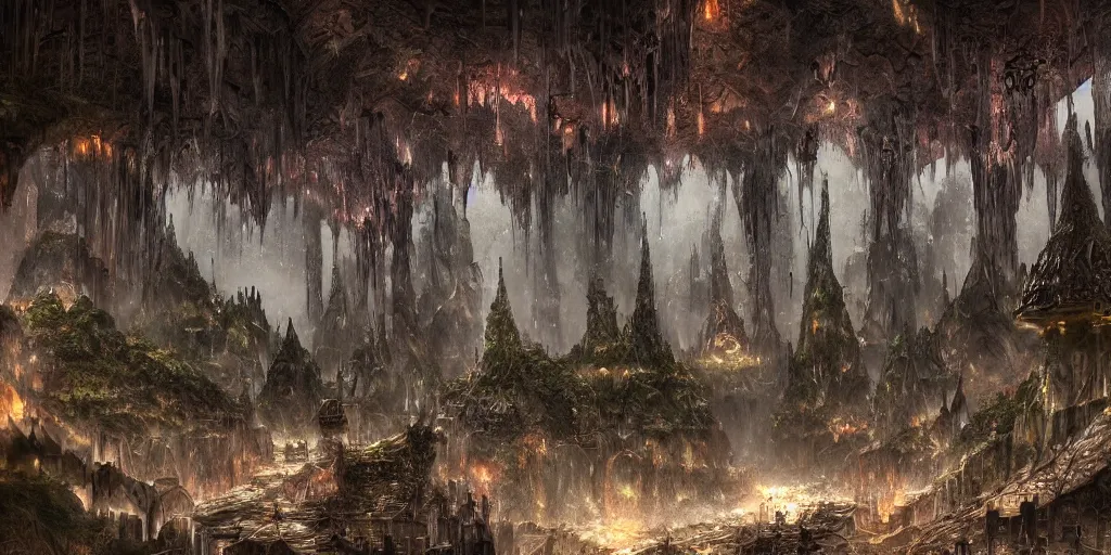 Prompt: a gloomy and rainy underground fantasy elven city, viewed from a distance, buildings carved out of stone, archways between stalagtites, dripping stalagtites, detailed buildings, 4 k digital art, trending on artstation, high quality,