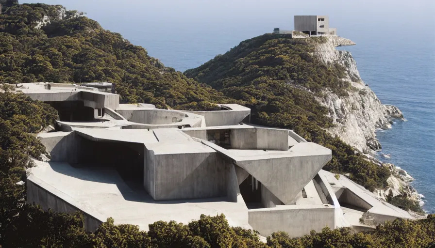 Image similar to big brutalist base perched on a cliff overlooking a magnificient bay, drawing architecture, pritzker architecture prize, greig fraser