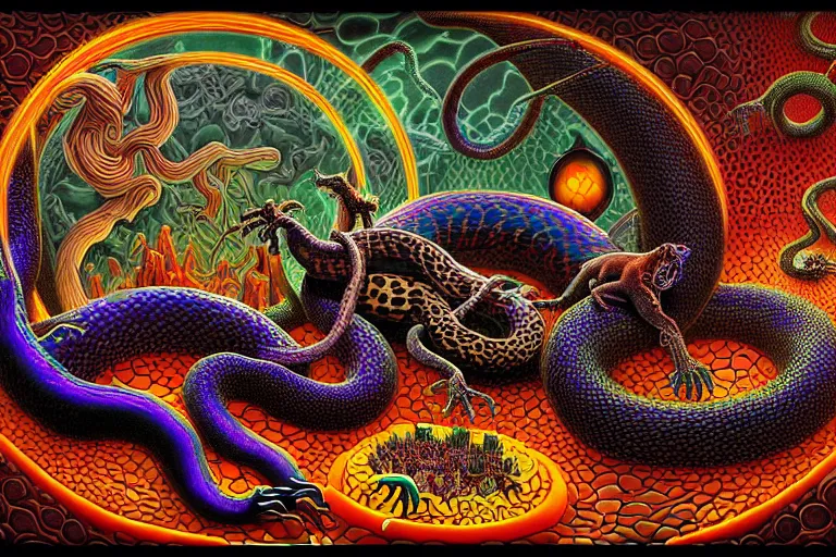 Image similar to a detailed digital art painting of a cyberpunk magick oni dragon with occult futuristic effigy of a beautiful field of mushrooms that is a adorable leopard atomic latent snakes in between ferret biomorphic molecular hallucinations in the style of escher, alex grey, stephen gammell inspired by realism, symbolism, magical realism and dark fantasy, crisp,