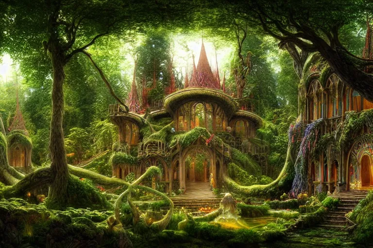 Prompt: a beautiful and highly detailed digital painting of an elven palace in a beautiful garden in a mystical forest, lothlorien, psychedelic patterns, celtic designs, intricate details, epic scale, hyperdetailed, hyperrealism,, artstation, cgsociety, 8 k, sharp focus, by caspar friedrich, albert bierstadt, james gurney, brian froud,