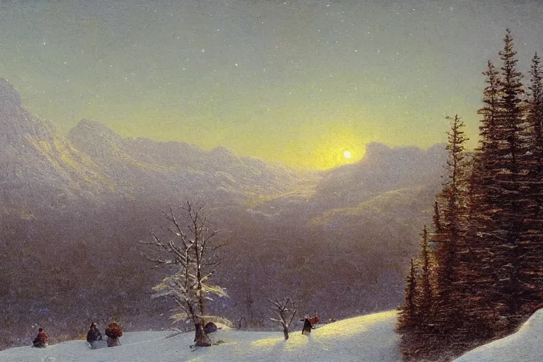 Prompt: mountains, trees, beautiful nature, winter, night, stars, snow, very detailed, focused, oil painting, colorful, canvas, artstation, Sydney Mortimer Laurence, Albert Bierstadt, Theodor Kittelsen, Hans Dahl, Konstantin Yakovlevich Kryzhitsky, Hermann Hendrich