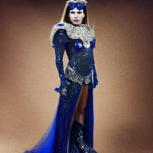 Image similar to full body photo of a beautiful woman wearing sapphire encrusted armour