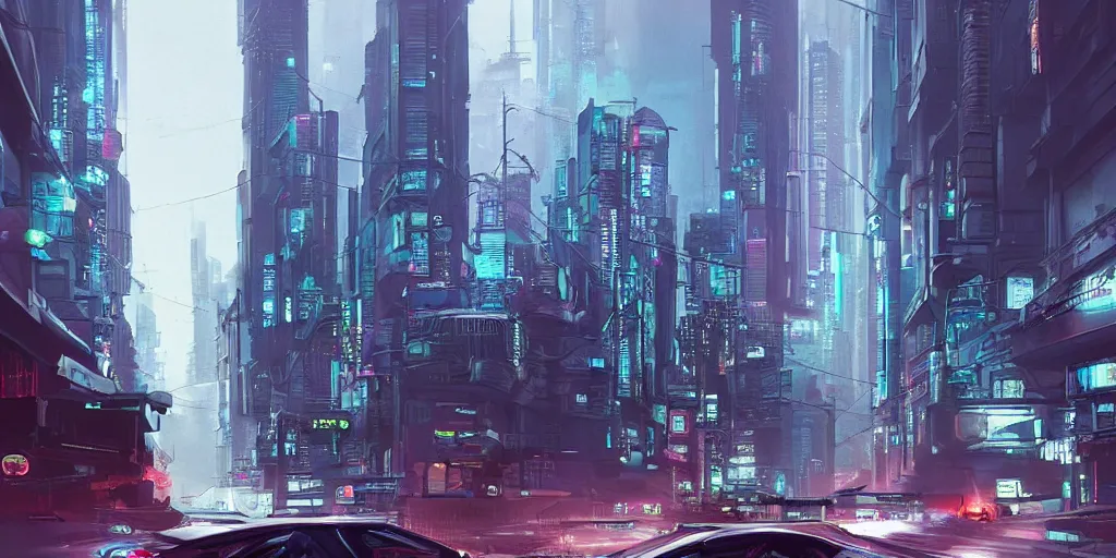 Image similar to a car driving down a street next to tall buildings, cyberpunk art by Vincent Lefevre, cgsociety, retrofuturism, matte painting, reimagined by industrial light and magic