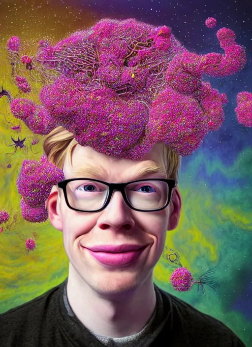 Image similar to hyper detailed 3d render like a Oil painting - friendly portrait of youtuber Hank Green in Aurora (Singer) seen Eating of the Strangling network of yellowcake aerochrome and milky Fruit and Her delicate Hands hold of gossamer polyp blossoms bring iridescent fungal flowers whose spores black the foolish stars by Jacek Yerka, Mariusz Lewandowski, Houdini algorithmic generative render, Abstract brush strokes, Masterpiece, Edward Hopper and James Gilleard, Zdzislaw Beksinski, Wolfgang Lettl, hints of Yayoi Kasuma, octane render, 8k