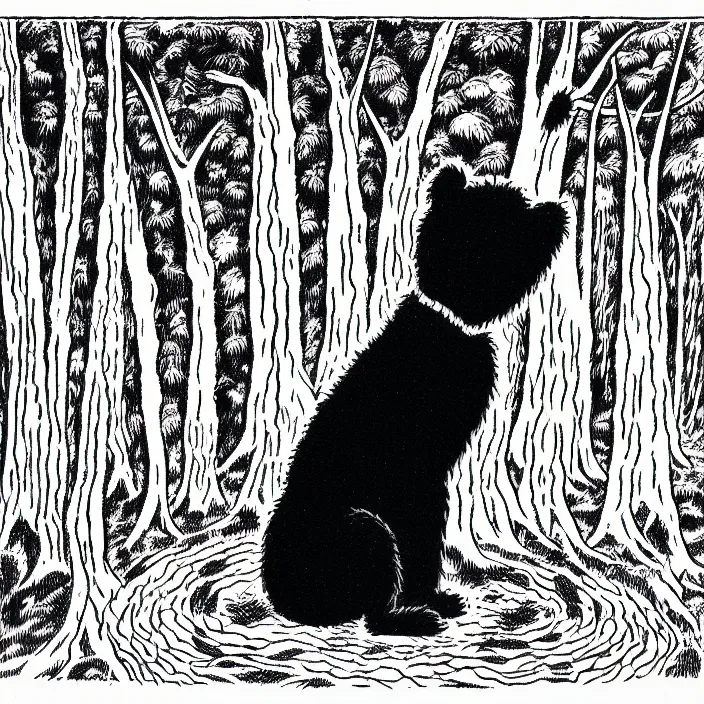 Image similar to a still frame from comic strip, one black furry hairy dog sitting in an ancient forest, centered composition 1 9 5 0, herluf bidstrup, new yorker illustration, monochrome bw, lineart, manga, tadanori yokoo, simplified,