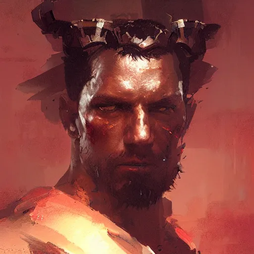 Image similar to Portrait painting of a warrior by greg rutkowski and Craig Mullins, Dark atmospheric and cinematic lighting