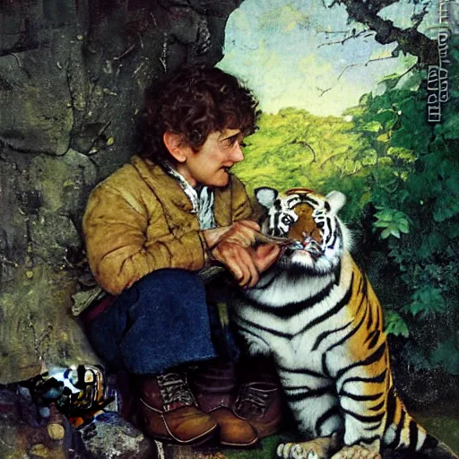 Image similar to bilbo baggins snuggles a tiger, realistic oil painting, style of norman rockwell, 8 k, super sharp, ultra detail, rule of thirds.