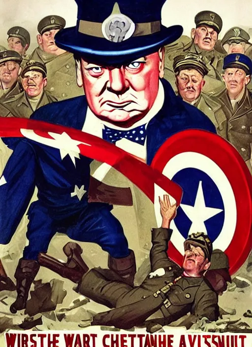 Image similar to winston churchill captain america standing on a pile of defeated, beaten and broken german soldiers. captain england wins wwii. brittish wwii propaganda poster by james gurney and pixar. overwatch.