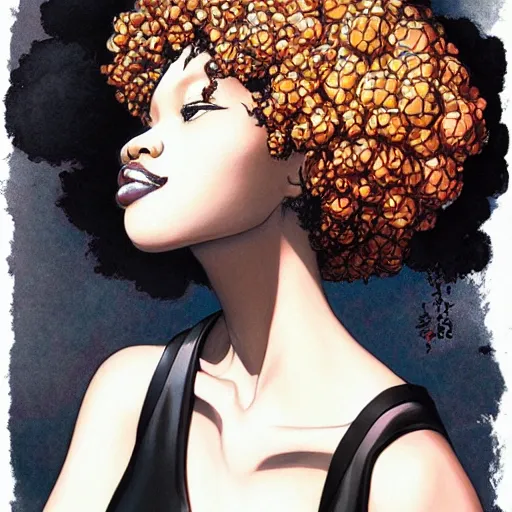 Image similar to black woman with afro serving mushrooms by artgerm yoshitaka amano