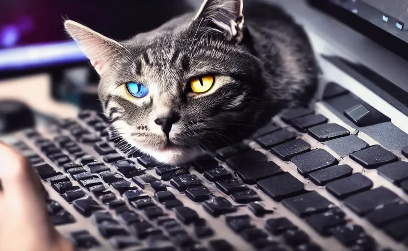 Prompt: a cat using a gaming computer, realistic, dark, rgb