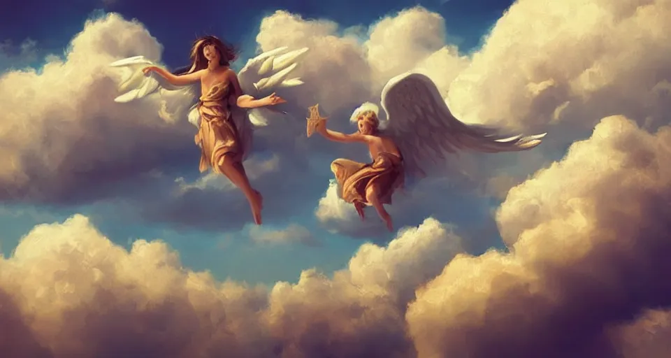 Image similar to heaven and angels!! floating!! on clouds, trending on artstation, 8 k