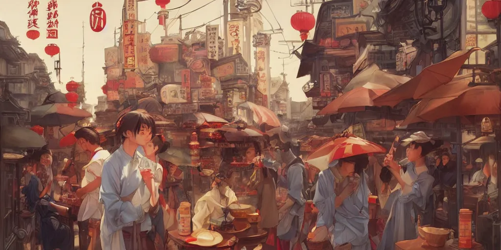 Image similar to china town, in the style of studio ghibli, j. c. leyendecker, greg rutkowski, artgerm