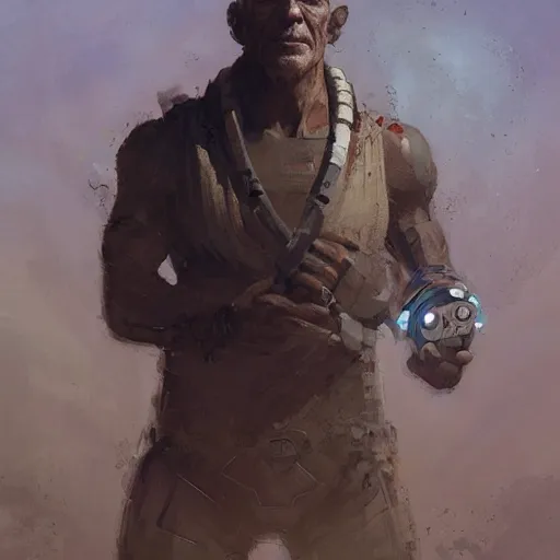 Prompt: a neolithic man, cybernetically enhanced, sci fi character portrait by greg rutkowski, craig mullins