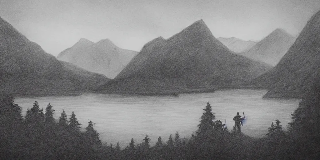 Image similar to A majestic landscape featuring a river, mountains and a forest. There is a group of armed soldiers smoking cigarettes and staring at the sunset. Cinematic, very beautiful, pencil drawing